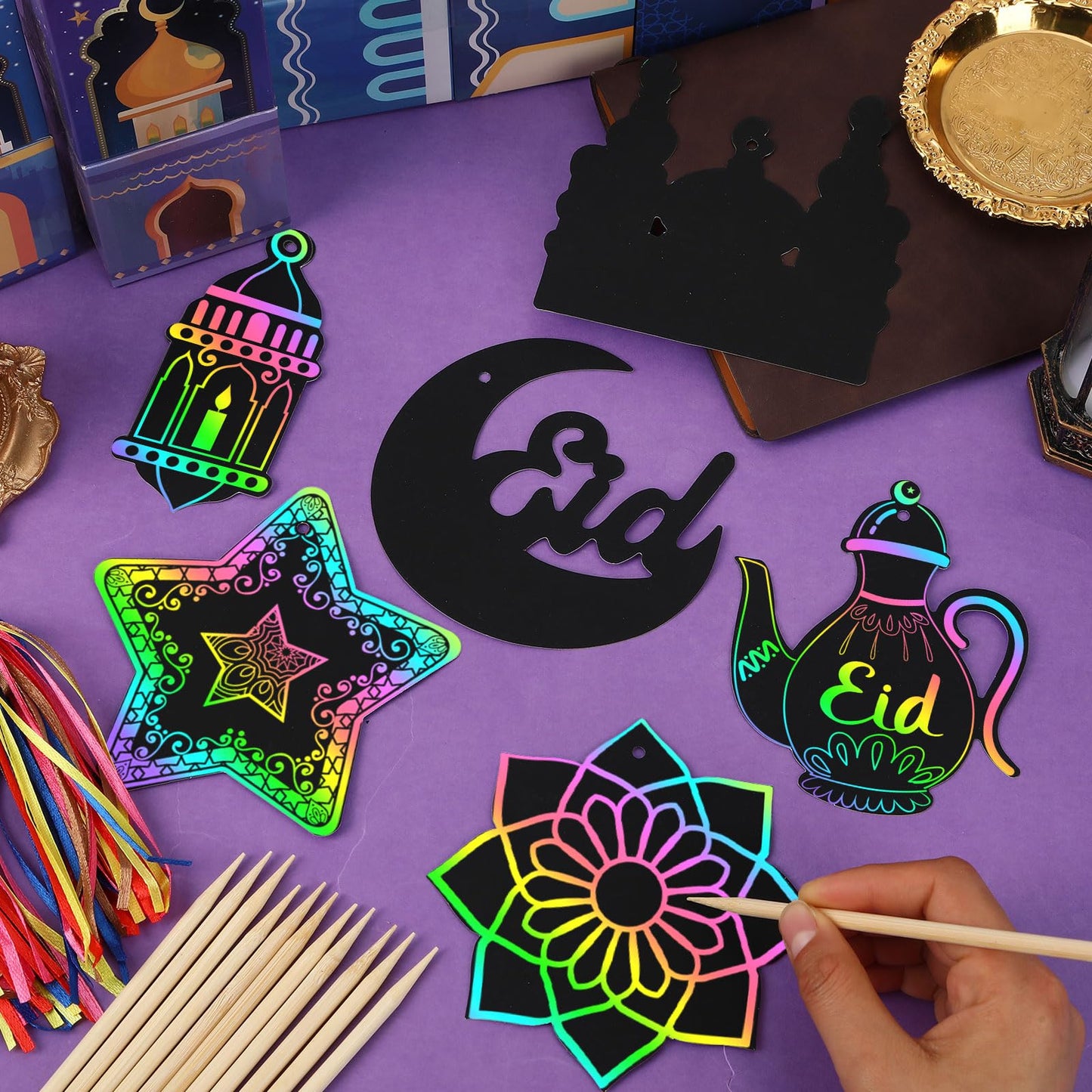 FEBSNOW 48 PCS Ramadan Crafts for Kids, Magic Rainbow Scratch Art Paper Cards for Kids Ramadan Gifts Eid School Classroom Activities Project Ramadan Eid Party Favors Hanging Ornaments