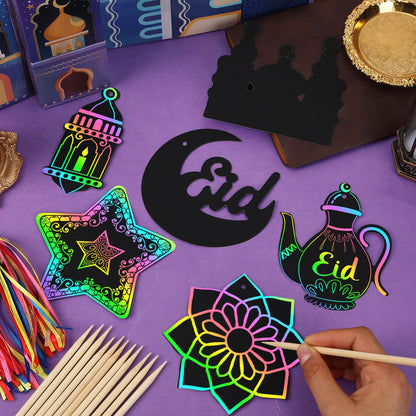FEBSNOW 48 PCS Ramadan Crafts for Kids, Magic Rainbow Scratch Art Paper Cards for Kids Ramadan Gifts Eid School Classroom Activities Project Ramadan Eid Party Favors Hanging Ornaments