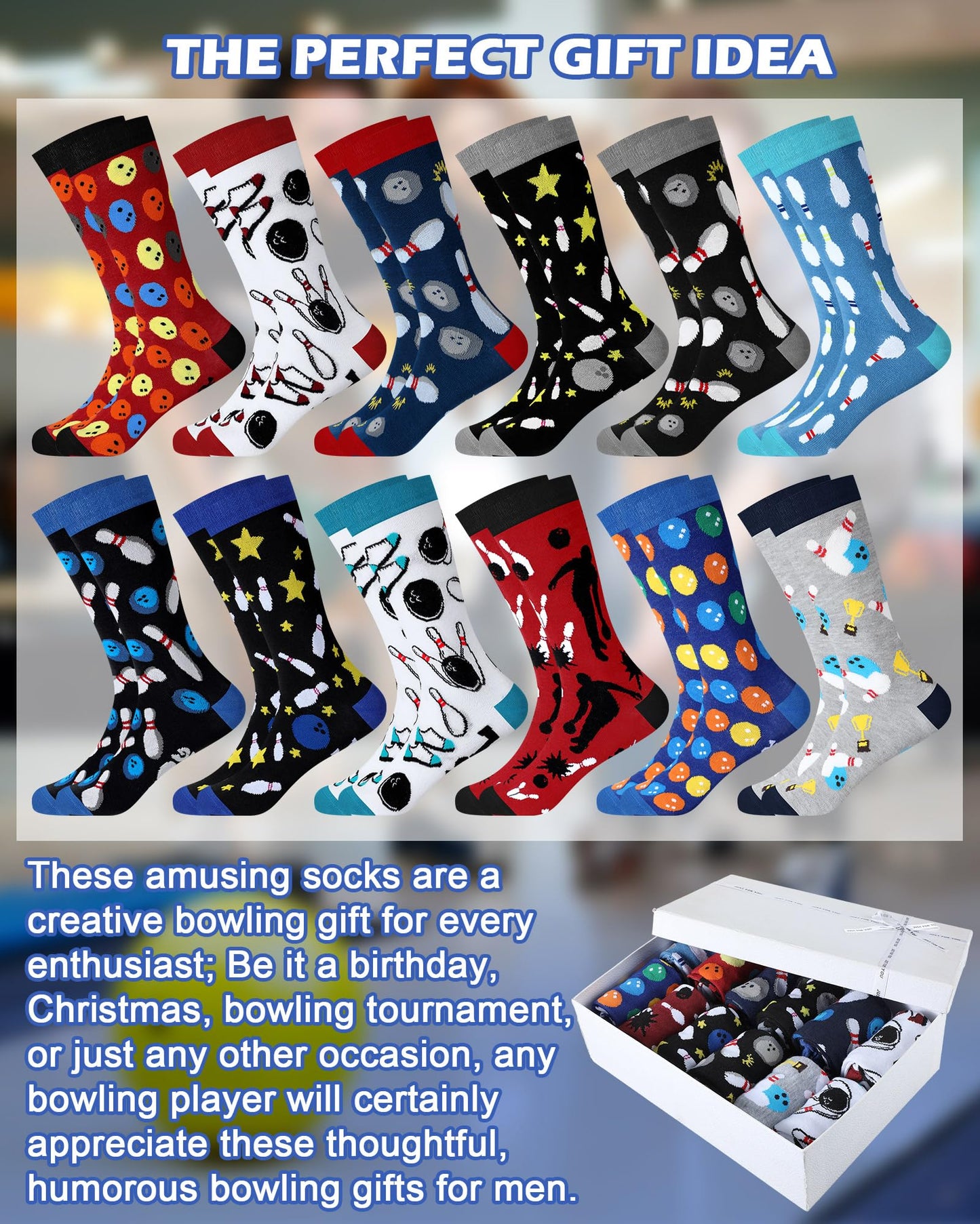 Patelai 12 Pairs Funny Bowling Socks for Men Novelty Sport Cotton Crew Socks Accessories for Bowling Lover Team Player Gifts