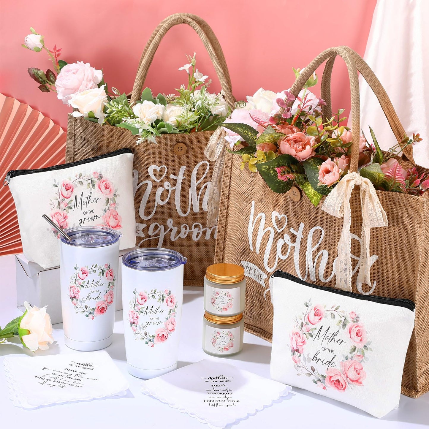 Hushee 2 Sets Mother of The Bride and Mother of The Groom Gifts Set Includes 20 oz Tumblers Canvas Tote Bags Cosmetic Bag Handkerchief Candle for Mom Bridal Shower Wedding Gifts
