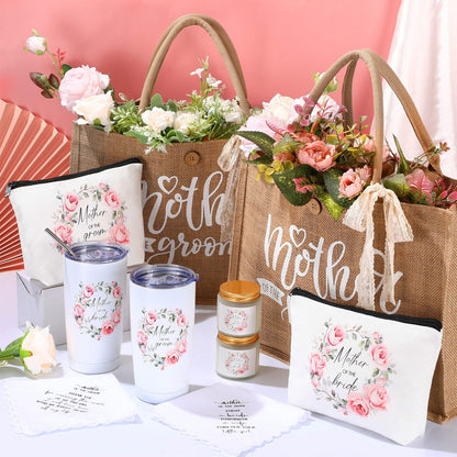 Hushee 2 Sets Mother of The Bride and Mother of The Groom Gifts Set Includes 20 oz Tumblers Canvas Tote Bags Cosmetic Bag Handkerchief Candle for Mom Bridal Shower Wedding Gifts