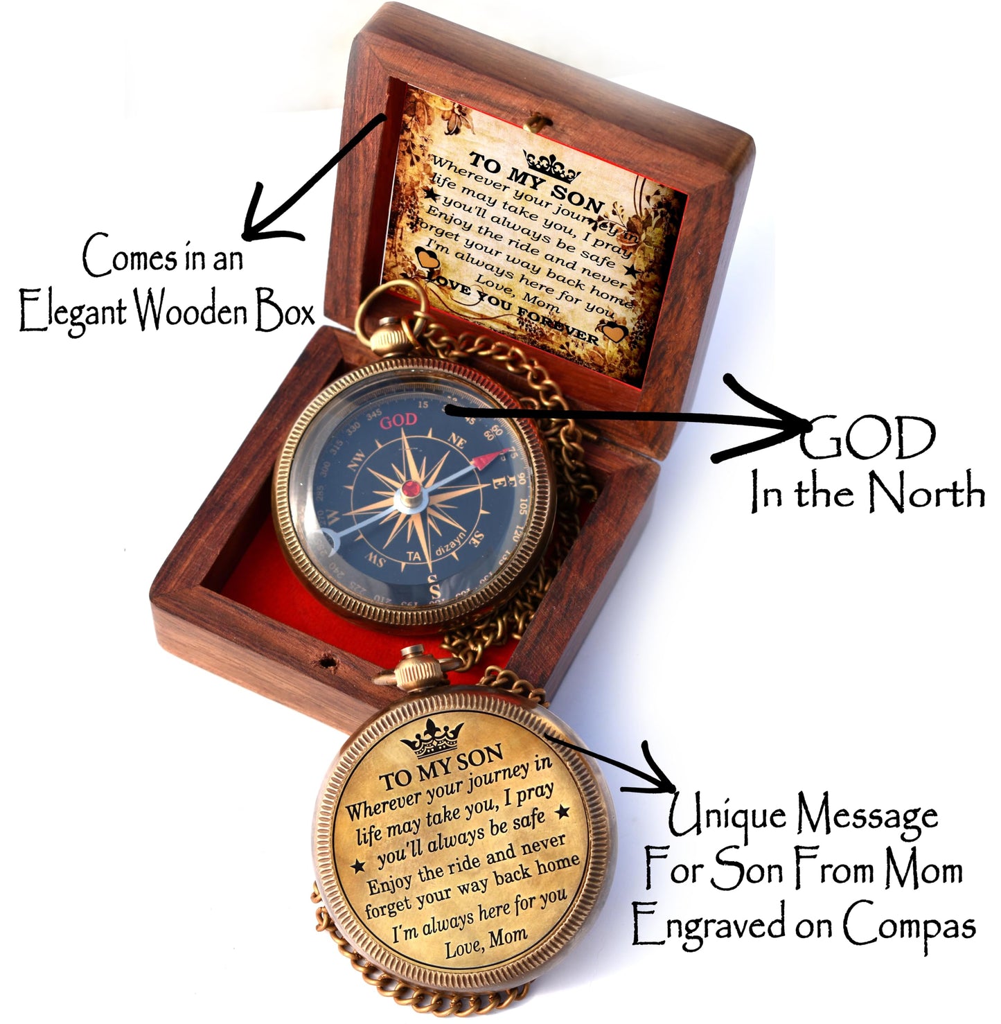 to My Son Compass with Wooden Box-Mom to Son Compass–Father to Son Gifts- to My Grandson -Graduation Day Gifts for Son-Birthday, Baptism, Graduation, Confirmation, Communion Compass for Women Men