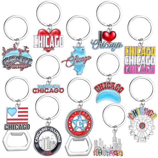 Landical 12 Pcs Chicago Keychains Souvenir Bulk Bottle Opener Keyring Chicago Theme Gifts City Keychains Women Travel Gifts