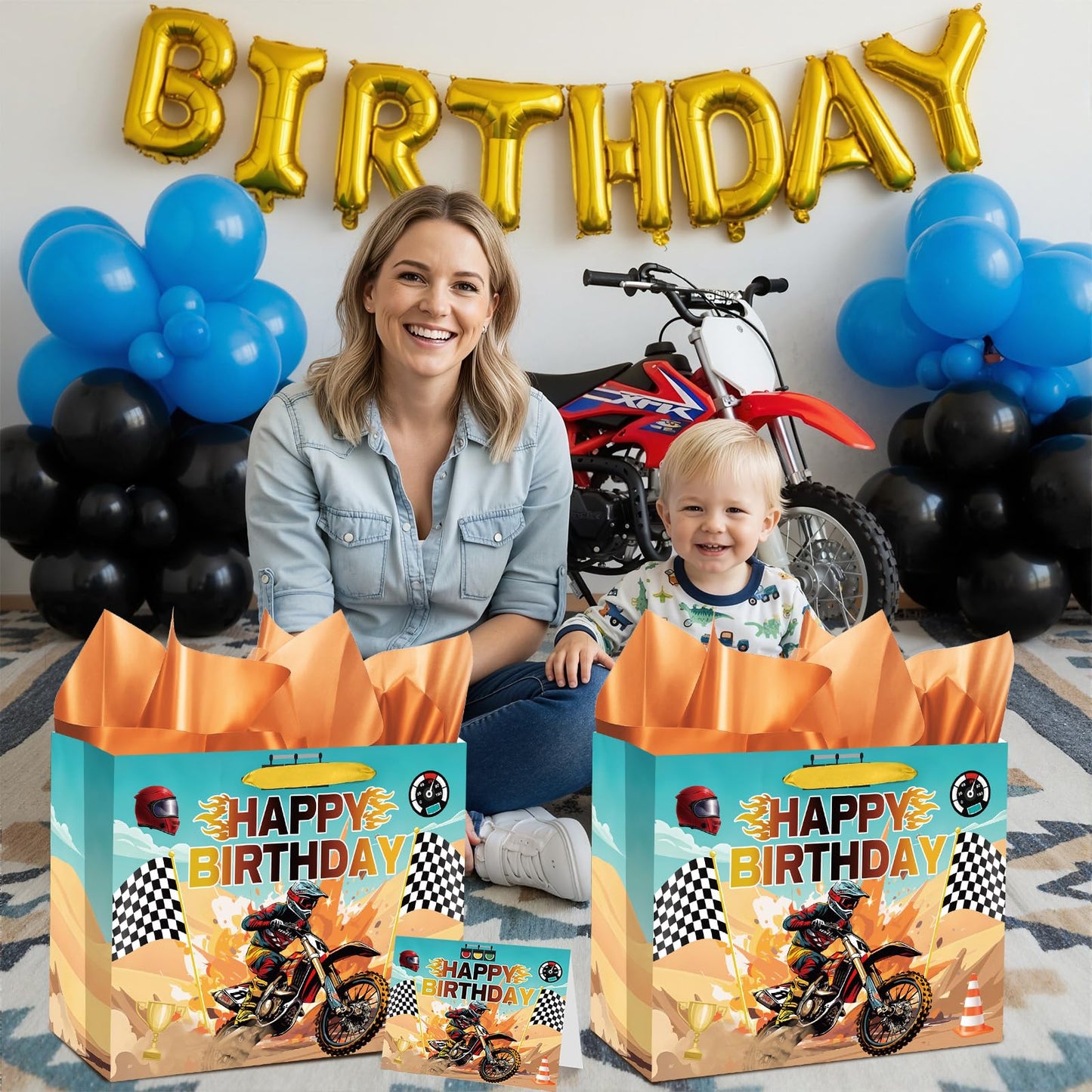 Woosytoo Dirt Bike Birthday Gift Bag for Boys Motorcycle Birthday Party Bag with Tissue Paper and Card Motorcycle Bday Party Decorations for Dirty Bike Bday Funny Games Party Supplies