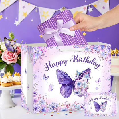 LUUFILx Butterfly Birthday Gift Bag for Girls Women Butterfly Flower Party Favor Bags with Wrapping Paper Card Purple Pink Floral Gift Bag for Baby Shower Birthday Decorations Party Supplies (Purple)