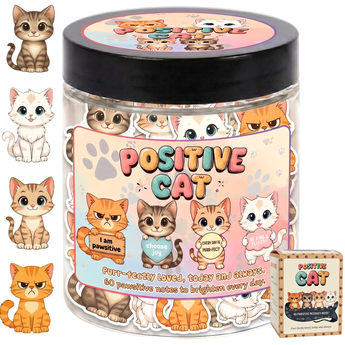 Positive Cat Jar with 60 Daily Affirmation Cards, Emotional Support Gift, Cute Kitty Decor, Cat Themed Gifts for Women, Inspirational Gifts for Cat Lovers