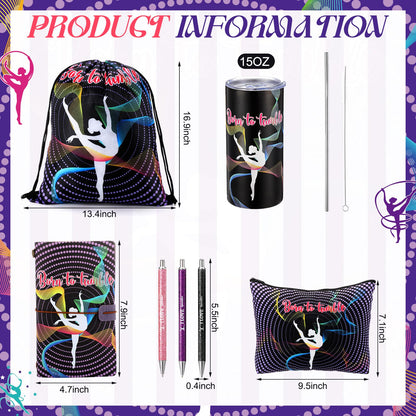 Patelai 11 Pack Gymnastics Gifts Set Gymnastics Drawstring Bag Hairband Bracelet Necklace Makeup Bag Keychain 15 oz Tumbler Cup with Lid Gym Gymnast Party Favors