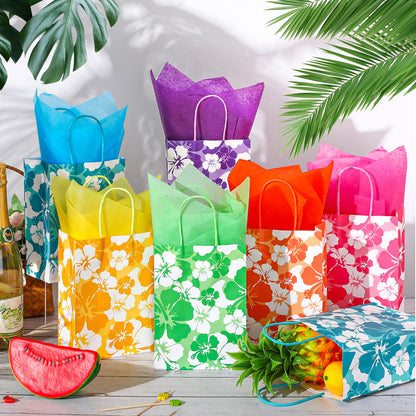 Teling 36 Set Hibiscus Party Favor Hawaiian Themed Paper Bag with Tissues Summer Tropical Gift Tiki Luau Treat Hawaii Goodie Bags with Handles Birthday Party Supplies Multicolor 8.3 x 6 x 3