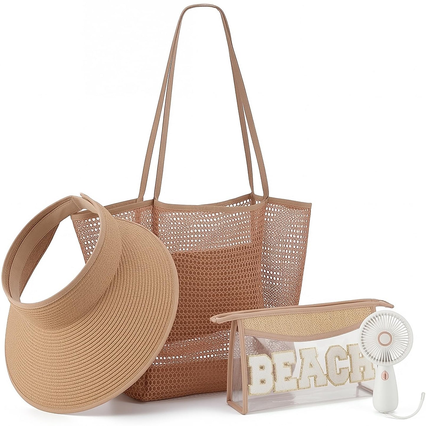 Hsei 4 Pcs Beach Gifts Set for Women Beach Tote Bag, Sun Hats, Makeup Bags, Handheld Fan Beaches Essentials for Summer Travel