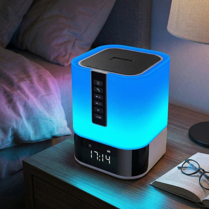 Hetyre Night Light Bluetooth Speaker, 5 in 1 Touch Control Bedside Lamp Dimmable Multi-Color Changing, Bedroom Alarm Clock, Best Birthday Gift Ideas for 10 11 12 13 14 Year Old Teenage Girls/Boys