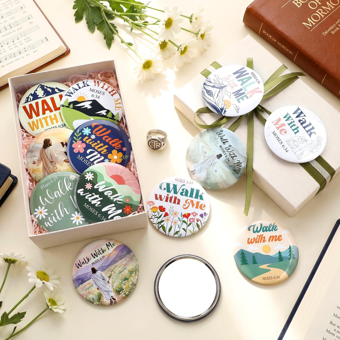 Xuhal 24 Pcs LDS Youth Theme 2026 Walk with Me Gifts Bulk LDS Mini Mirror 2026 Religious Christian Faith Baptism Gifts for Men Women Teens