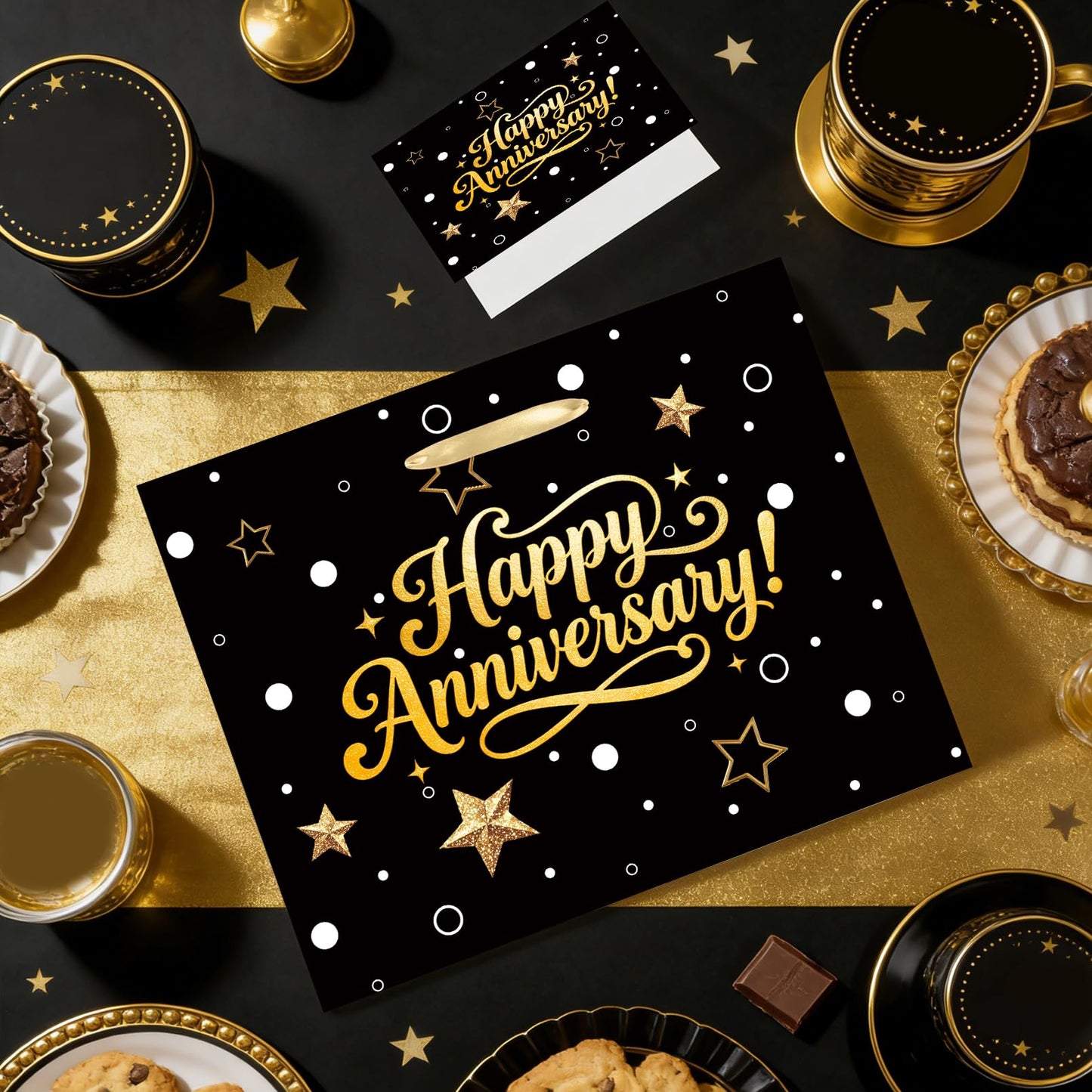Black Gold Happy Anniversary Party Gift Bag - Large Wedding Gift Wrapping Bag with Tissue Paper and Greeting Card, Ideal for Wedding, Parents, 50th Golden Jubilee & Work Anniversary Party Decorations