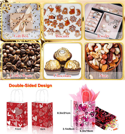 KIPETTO Valentines Gift Bags 12Pcs Valentines Day Paper Bags with Handles Love Heart Shaped Treat Goodies Bag for Valentines Day Party Favors Class Baggies Pouch