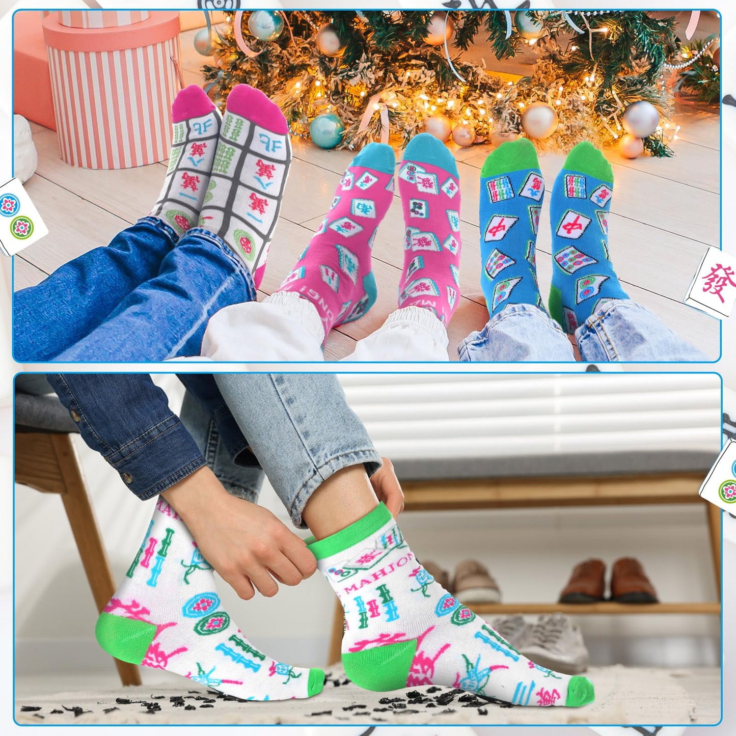 Shihanee 16/12 /8 Pair of Mahjong Socks for Women Funny Mah Jong Themed Socks with Classic Patterns Gifts for Mahjong Lovers