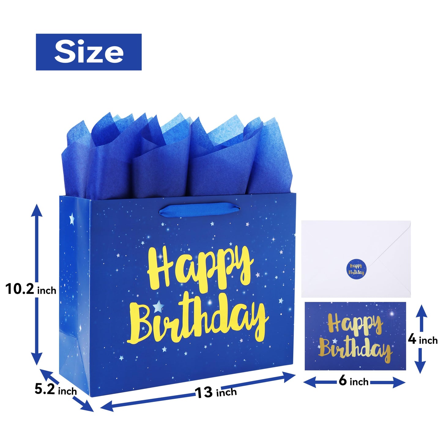Qirrmiy 13" Large Blue Gift Bag Set with Greeting Card and Tissue Papers (Stars and Gold Foil‘Happy Birthday’) for Men's or Boys, Girls or Kids, Baby, Husband, Father