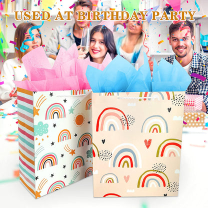 Gift Bag for Girls, Birthday Large Gift Bag Bulk Set Included 2 Pack Paper Gift Bags with Tissue Paper, Rainbow Gift Bags for Kids, Baby, The Colorful Pink Red Gift Bags with Handles, The Pretty Present Bag Gift Bags for Birthday, Party, Baby Shower...