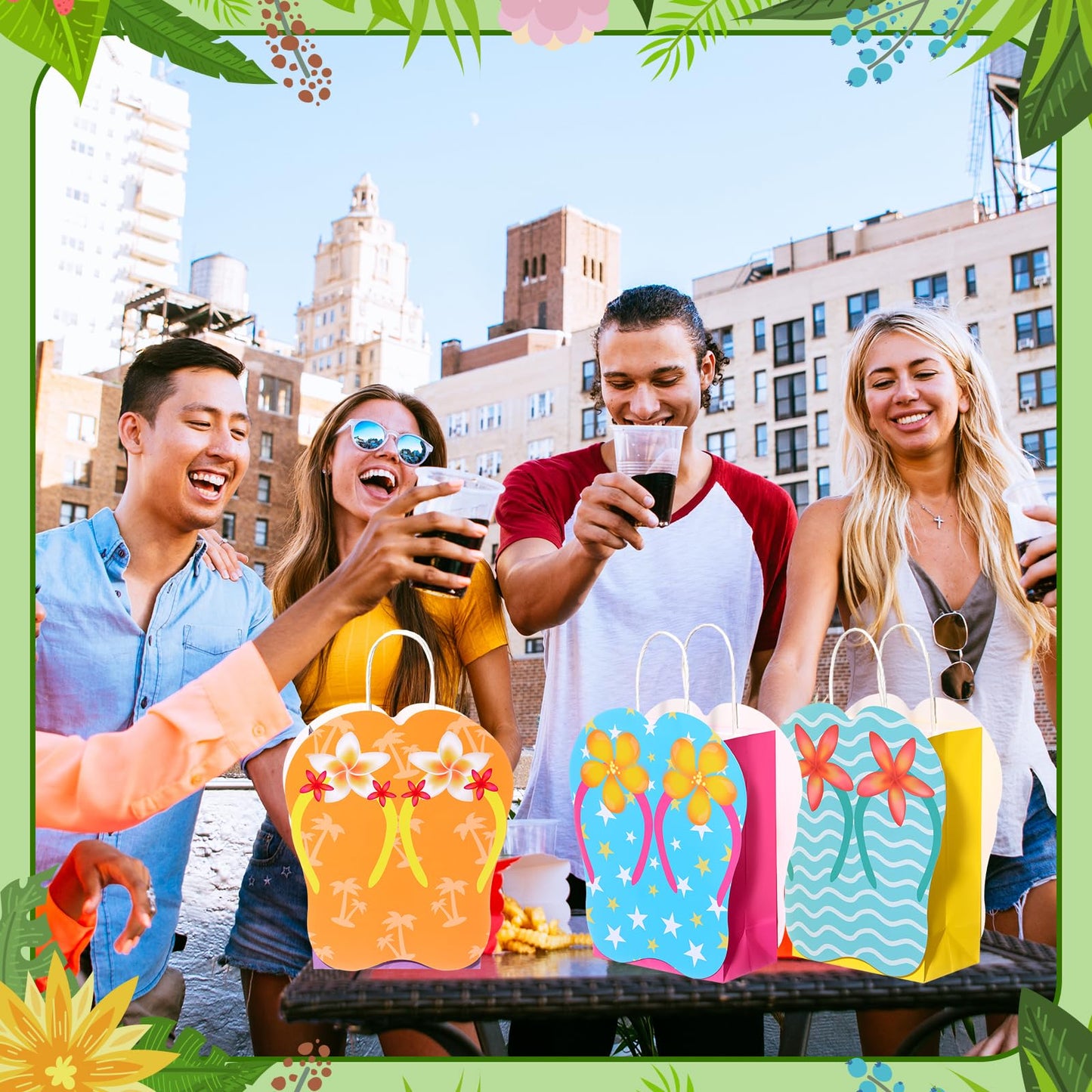 MotiMind 24 Pcs Summer Party Gift Bags Paper Beach Flip Flop Party Favor Bags with Handles Hawaii Pool Tropical Goodie Treat Gift Wrap Supplies