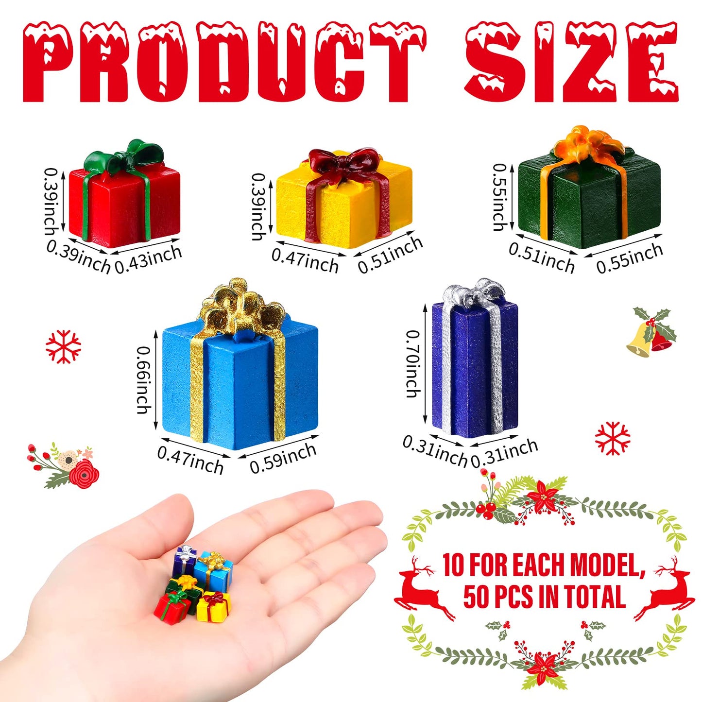 Bucherry 50 Pcs Christmas Miniature Resin Gift Boxes Multicolor Mini Christmas Ornaments Xmas Miniature Figurines Charms for Craft DIY Garden Accessories