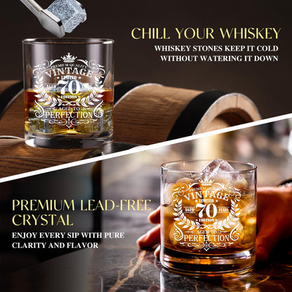 70th Birthday Gifts for Men Whiskey Glass Set, 70th Birthday Party Supplies with 11 Oz Whiskey Glass Coaster Stone Baseball Cap Apron Sock Toilet Paper Keychain for Him, Dad, Husband, Friends