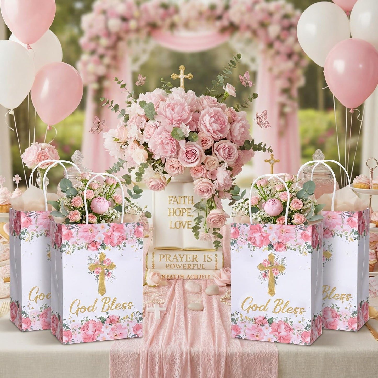 Marspark 24 Pcs Baptism Gift Bags for Guests First Communions Cross Floral Paper Gift Bags with Handles God Bless Religious Treat Paper Christian Party Supplies for Christenings Baptism Wedding