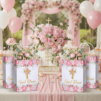 Marspark 24 Pcs Baptism Gift Bags for Guests First Communions Cross Floral Paper Gift Bags with Handles God Bless Religious Treat Paper Christian Party Supplies for Christenings Baptism Wedding