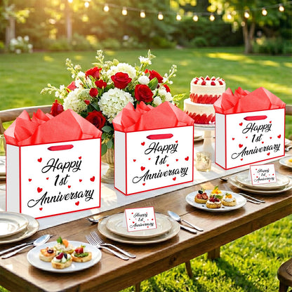 Innovoscape Happy 1st Anniversary Party Gift Bag 1st Anniversary Favor Bag with Card and Tissue Paper Valentine's Day Gift Bag Large One Year Wedding Bag for Couple Wedding Party Decorations