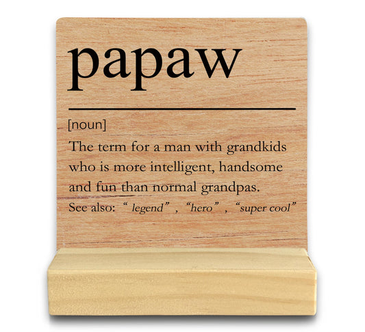 QASHWEY Papaw Gifts Desk Decor, Gifts for Papaws Grandpa, Papaws Gift for Grandpa Fathers Day, Grandpa Papa Gift Wood Table Signs, Papaw Definition Wooden Plaque with Wooden Stand for Room Home