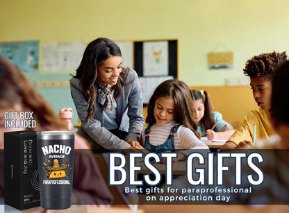 Onebttl Paraprofessional Appreciation Gifts, Funny Gifts for Teacher Paraprofessional, 20oz Stainless Steel Black Insulated Tumbler with Lid & Straw - Nacho Average