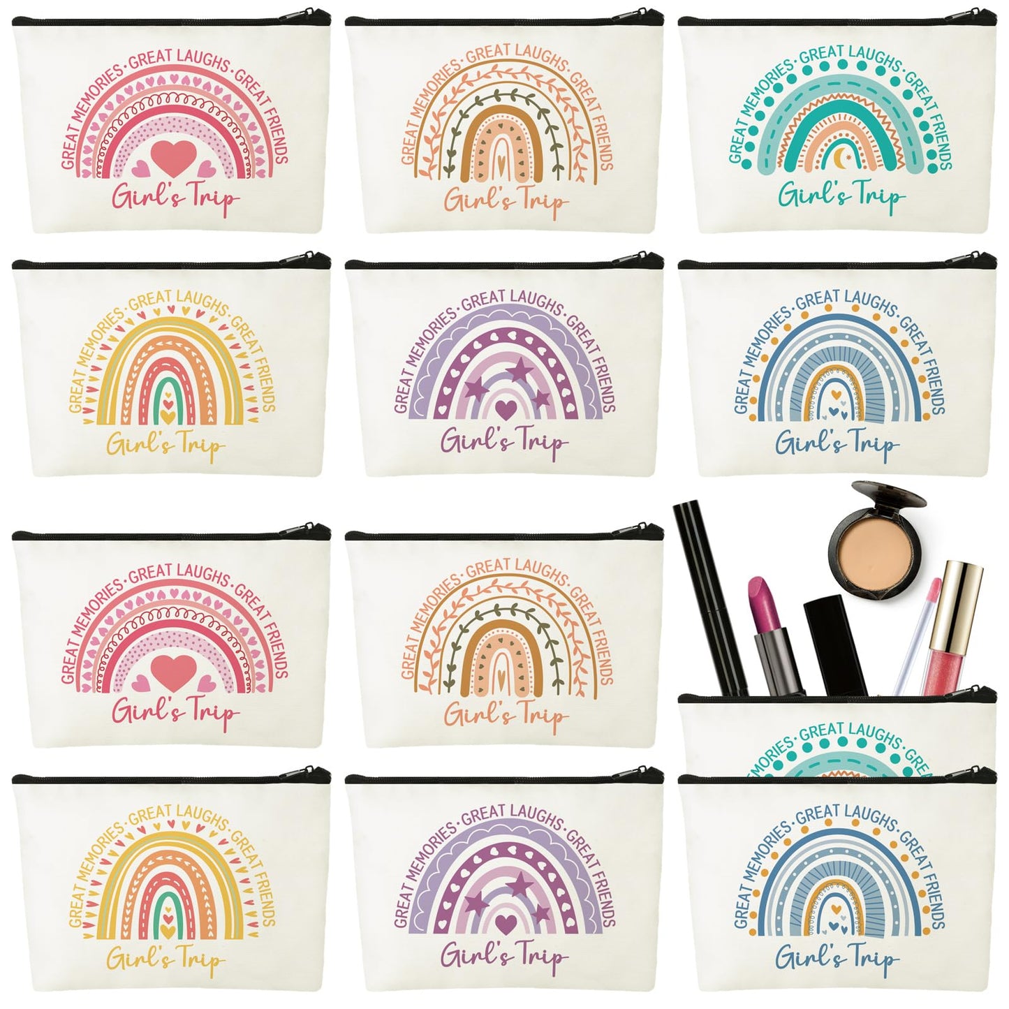 Sweetude 12 Pcs Girls Trip Gifts Favors Girls Weekend Gifts Rainbow Makeup Bag Portable Zipper Toiletry Cosmetic Bags Bachelorette Travel Pouch for Women Friendship Bestie Party Favors