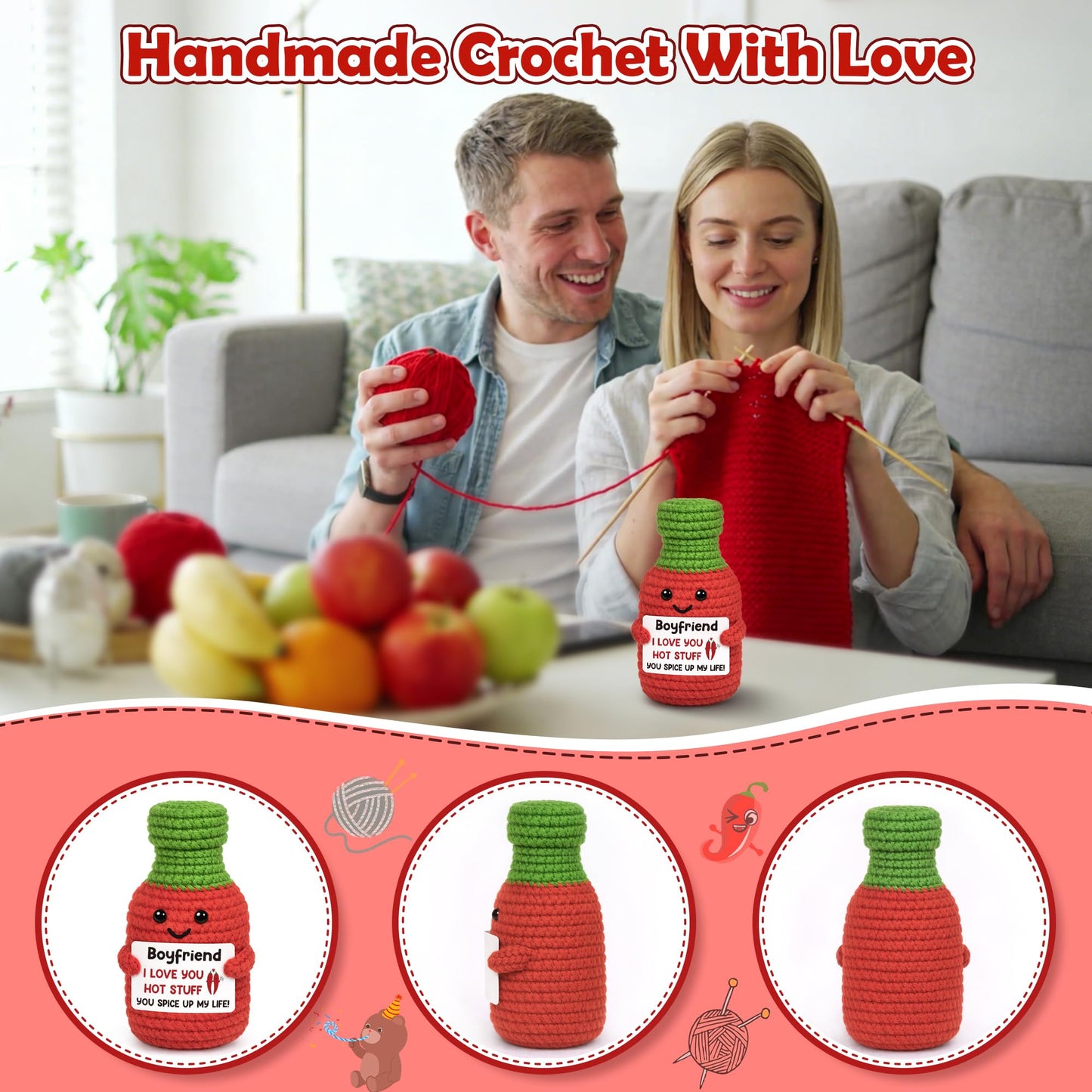 Anniversary Men Gifts for Boyfriend Him Birthday for Boyfriend from Girlfriend, I Love You Boyfriend's Sweet Day Romantic Gift Funny Handmade Crochet Hot Sauce Gift for Couple
