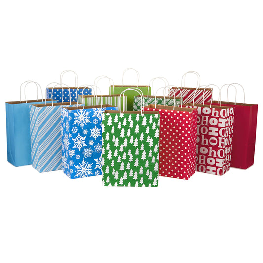 Hallmark 13" Large Gift Bag Assortment, Holiday Icons (12 Paper Gift Bags in Assorted Designs for Hanukkah or Christmas | Stripes, Polka Dots, Snowflakes, Christmas Trees)
