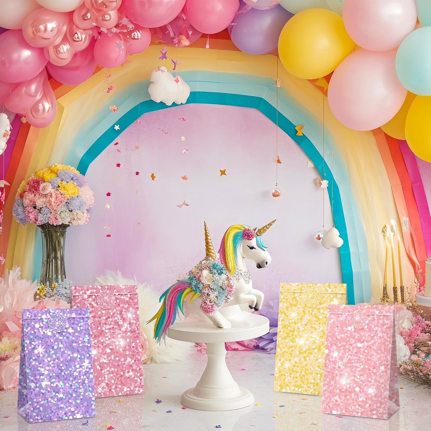 Kolldenn 24 Pcs Glitter Pastel Gift Bags Bulk Pastel Party Favors Small Goodie Treat Bags with Sealing Stickers for Wedding Baby Shower Birthday Holiday Party Favors Supplies