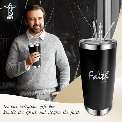 DEHITE Christian Gifts for Men - Religious Gift Basket for Men - Insulated Tumbler - Black Premium Faux Leather Notebook - Multitool Pocket Knife - Christian Gift Box for Father
