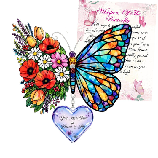 Butterfly Gifts for Women, Butterfly Suncatcher Window Hanging with Heart Charm, Inspirational Gift “You are Free Bloom & Fly”, Colorful Sun Catcher Decor