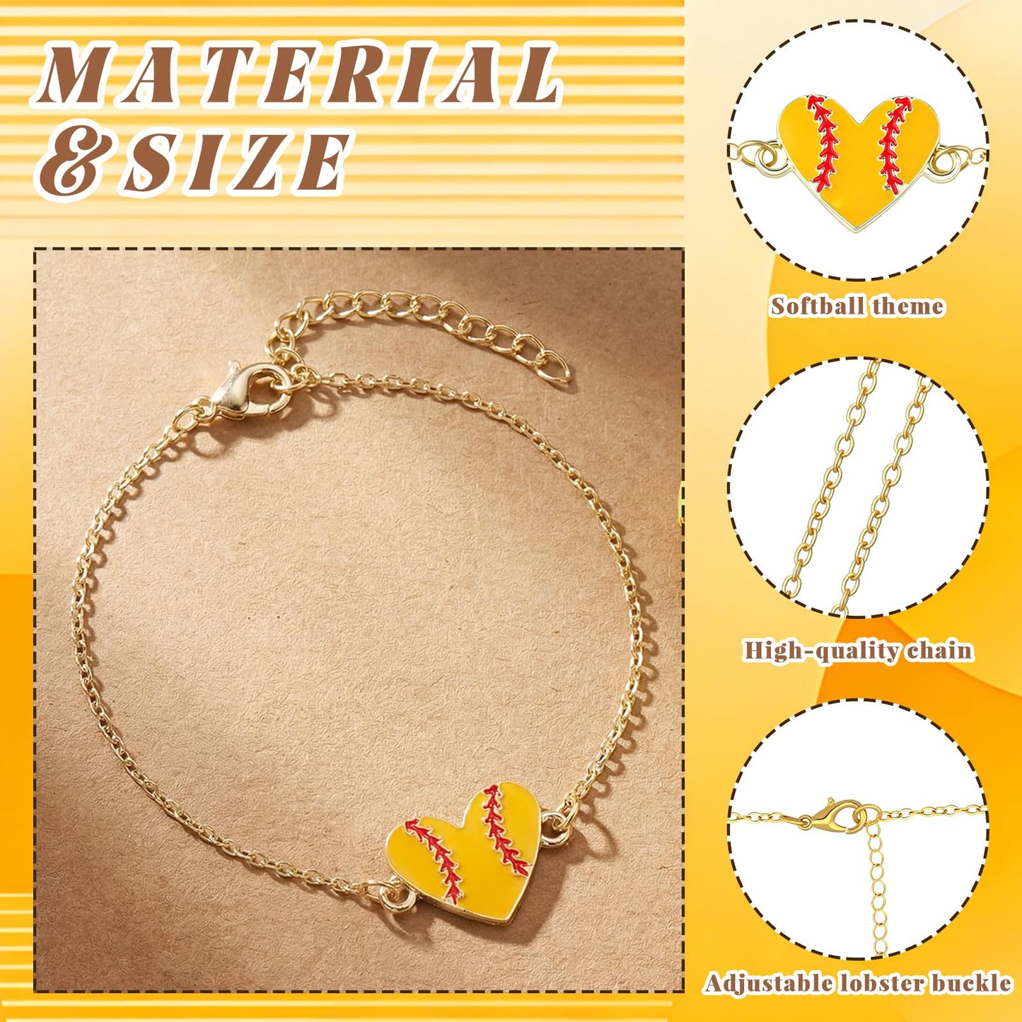 Landical 12 Set Softball Team Gift Bulk Gold Softball Heart Bracelets with Gift Card for Women Sport Lover Player Party Favor