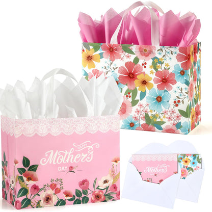 STYPOP 13" Mothers Day Gift Bags with Tissue Paper,2 Pack Large Mother's Day Bag Bulk,Reusable Gift Bags with Handles - Mothers Day Gifts for Mom,Grandma,Sister,Nana,Friends (Pink, White)