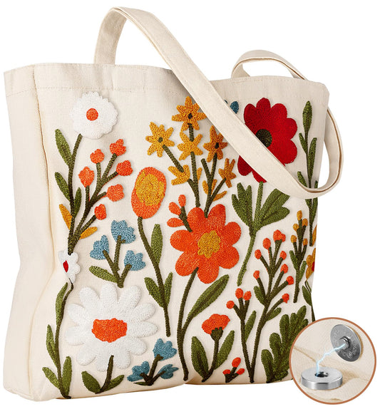 Miss Adola Embroidery Canvas Tote Bag for Women - Reusable Tote with Buckle Aesthetic Cute Shoulder Bag for Shopping, Grocery