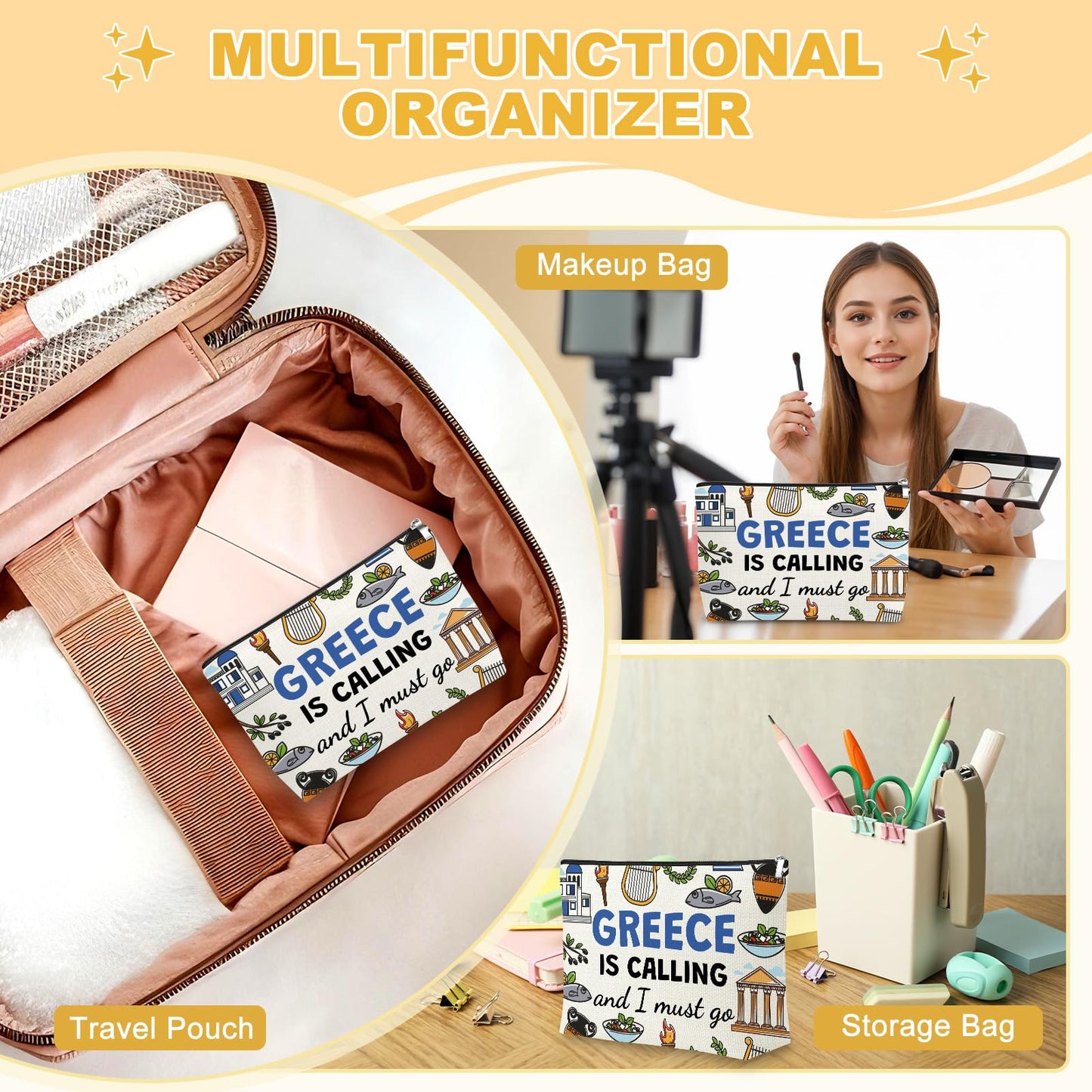Mxrymvu Greece Travel Souvenirs Gift Makeup Bag Greece Traveling Gifts Vacation Gift Cosmetic Bags Travel Gifts for Friends Daughter Sister Greek Makeup Pouch for Christmas Birthday