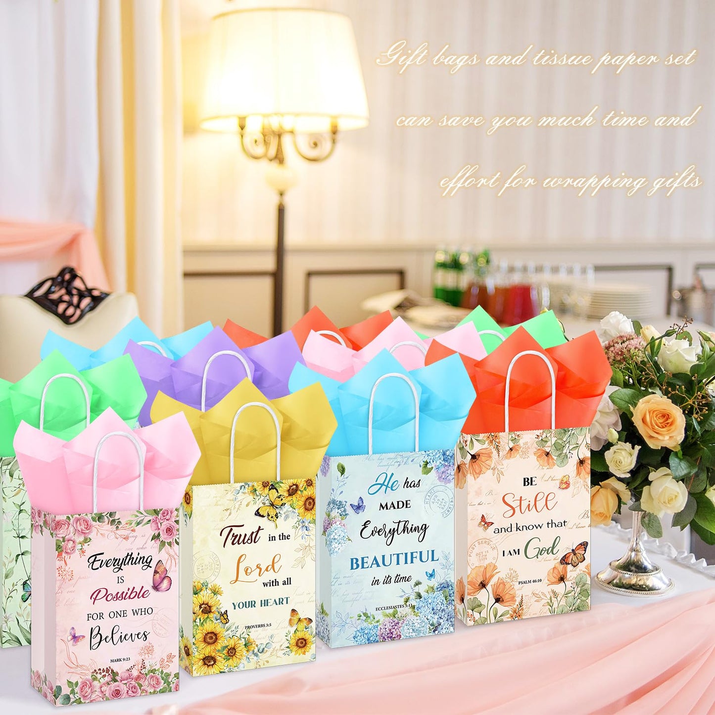 Pasimy 120 Pcs Christian Gift Bags Sets with 60 Religious Floral Bags and 60 Tissue Paper Floral Mother's Day Goody Bag Christian Bible Verse Gift Bag for Women Teacher Mother's Day Birthday Party