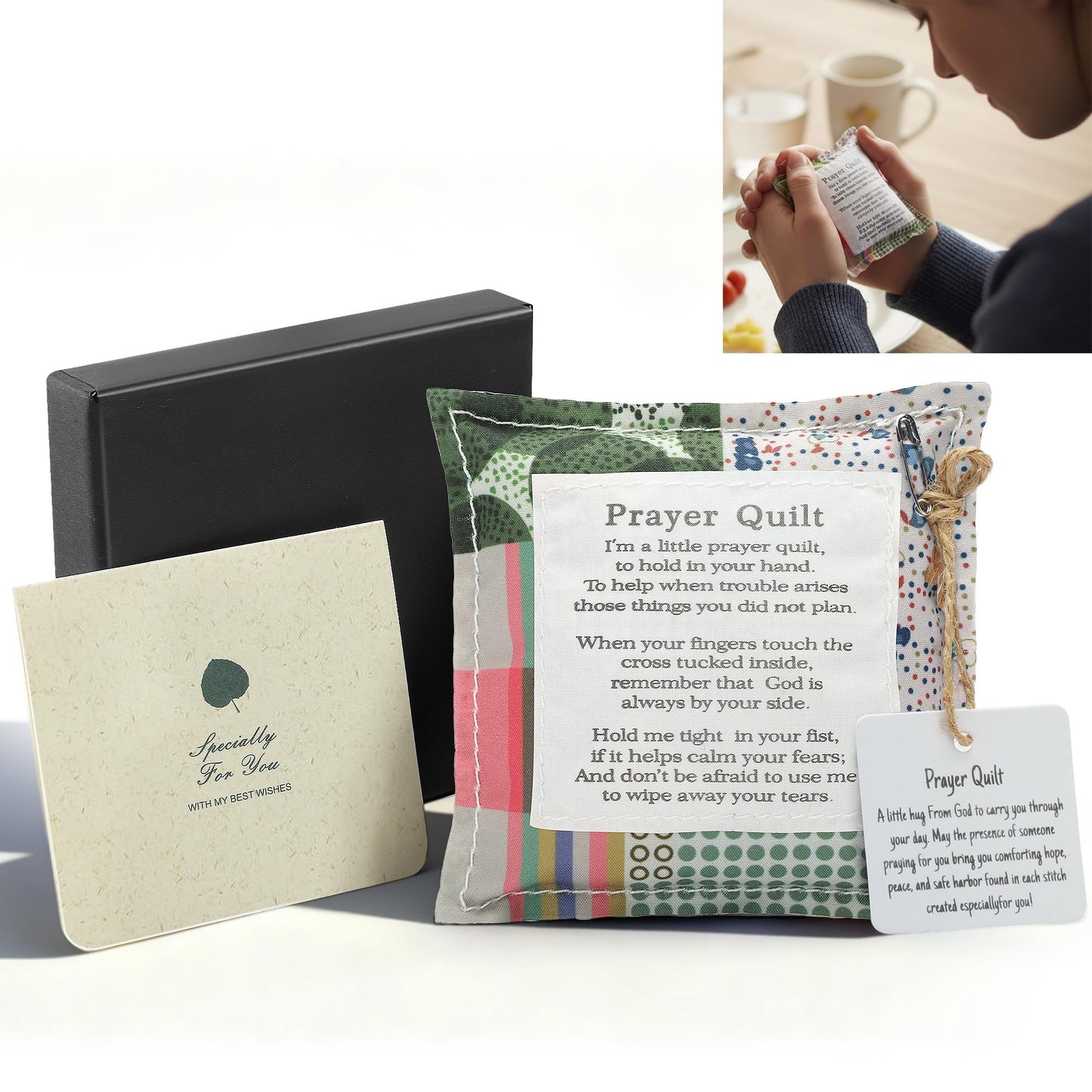 SURDOCA Prayer Quilt with Cross Inside & Greeting Card, Handmade Pocket Prayer Quilt in Gift Box, Christian Get Well & Encouragement Gift for Women & Men