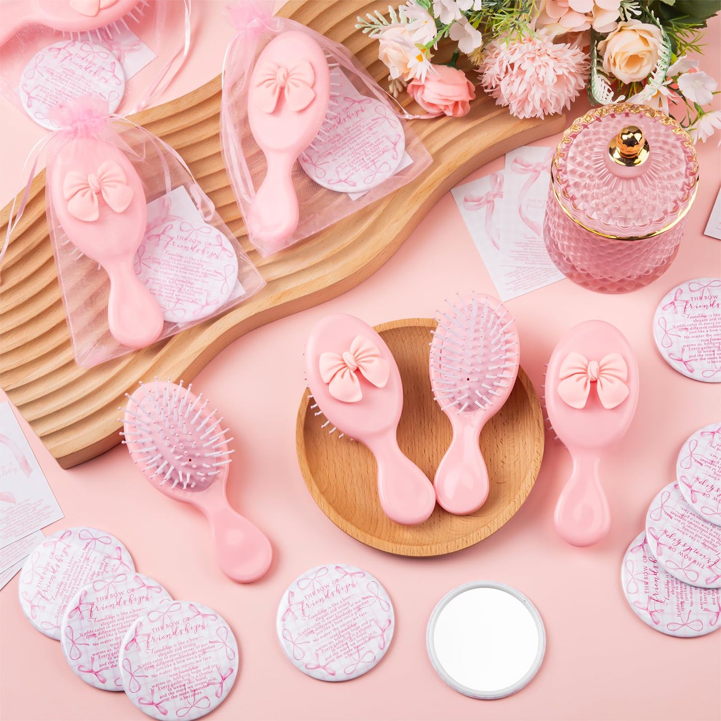 Mimorou 20 Sets Friendship Gifts Bulk Coquette Bow Hairbrushes Mirrors Cards with Bags for Galentines Party Favors Girls Trip Weekend Bachelorette Pink Friends Gifts