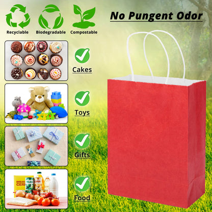 HavrePac 100 Pack 5.9x3.15x8.26 inch Small Gift Bags, Kraft Red Bags with Handles Bulk for Birthday Party Favors,Gift Paper Bags,Retail Shopping Business Goody Craft Gift Bags
