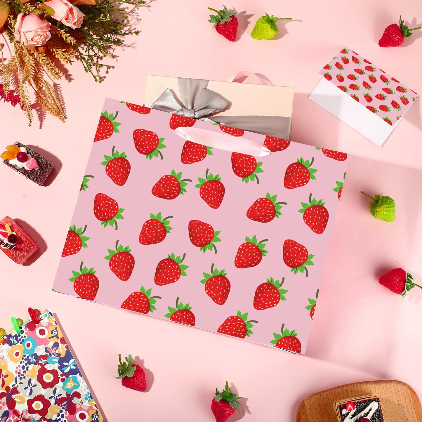 Strawberry Birthday Gift Bag Berry Birthday Decoration Sweet Berry Gift Bag with Wrapping Paper and Card Strawberry Party Wrapping Paper Bag with Handle for Girl Baby Shower Party Supplies