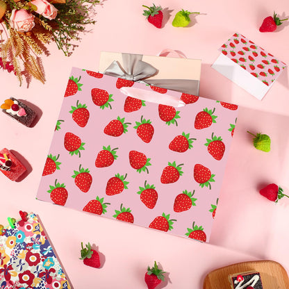 Strawberry Birthday Gift Bag Berry Birthday Decoration Sweet Berry Gift Bag with Wrapping Paper and Card Strawberry Party Wrapping Paper Bag with Handle for Girl Baby Shower Party Supplies