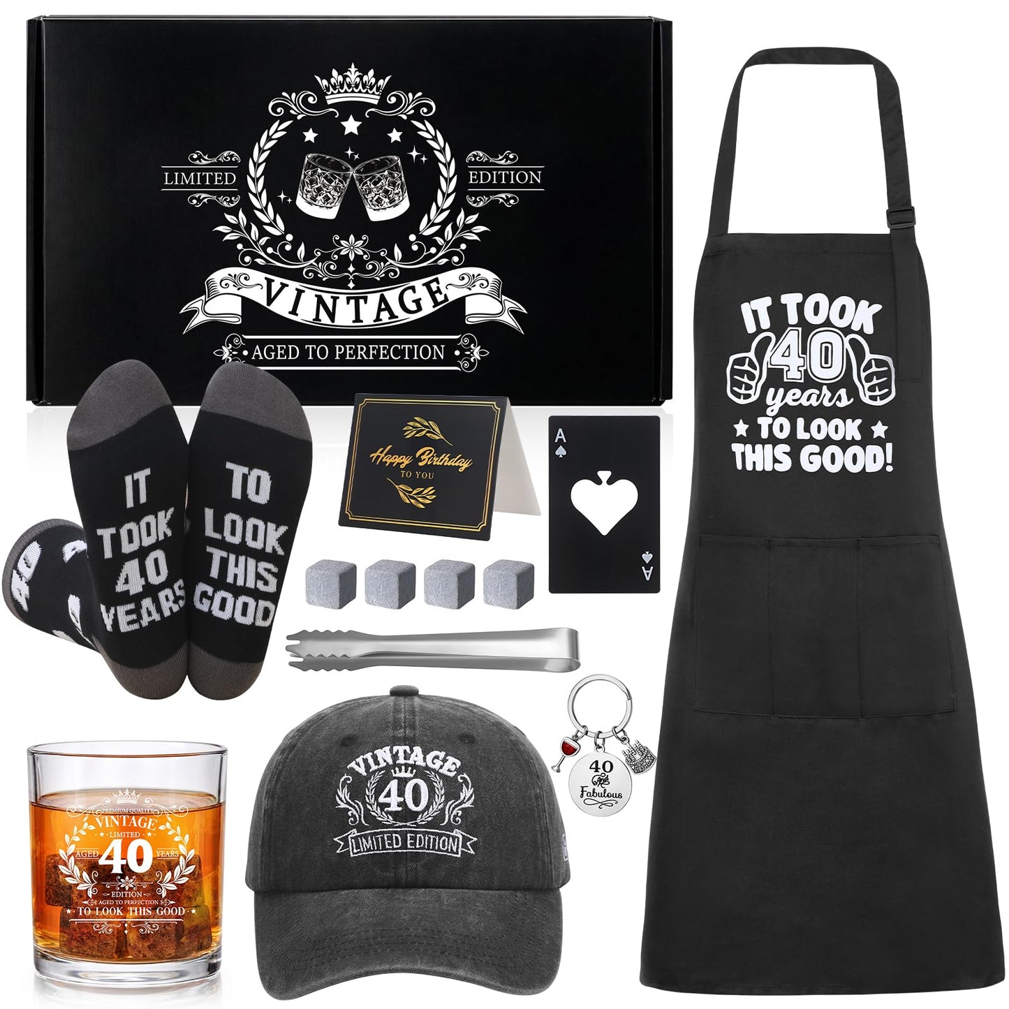 40th Birthday Gifts for Men Whiskey Glass Set with 11 Oz Glass, Stone, Ice Tong, Bottle Opener, Cap, Apron, Socks, Keychain, Greeting Card, 40th Birthday Party Supplies for Him, Dad, Husband