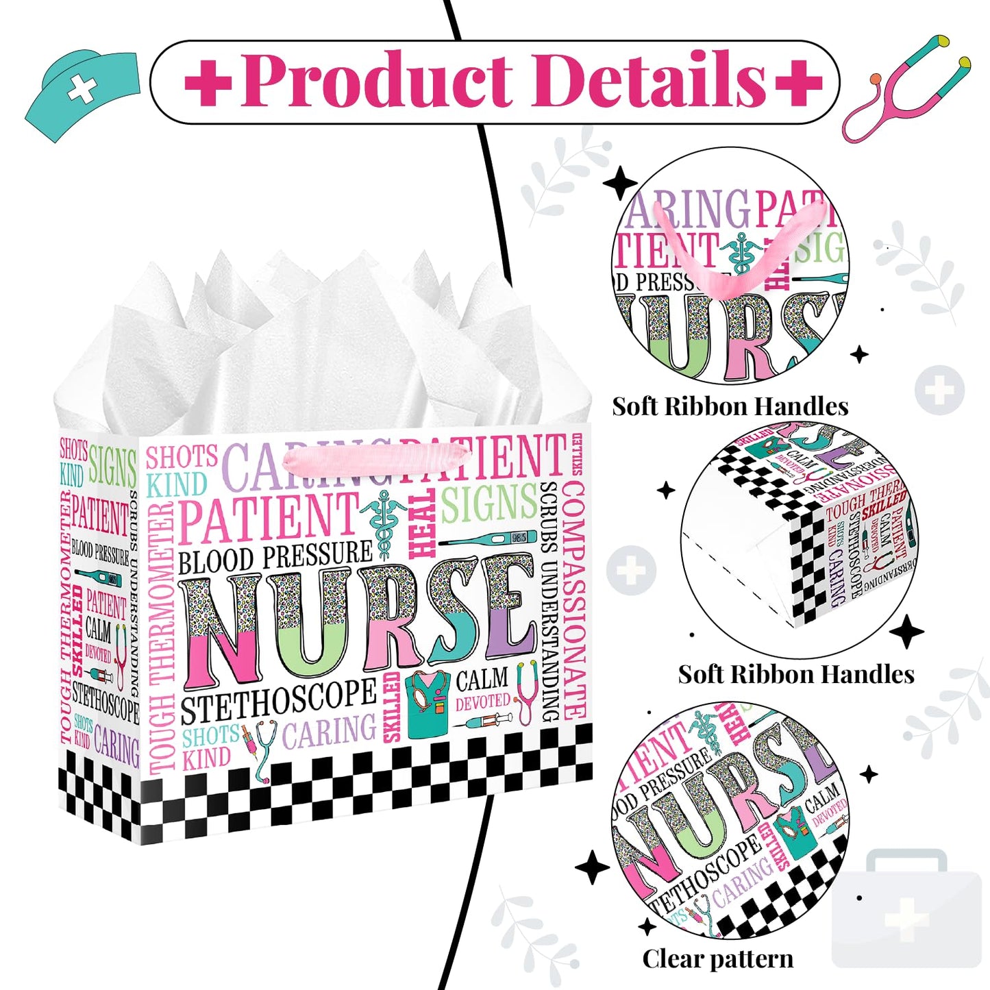 JWSCYSY Nurse Graduation Gift Bag with Card and Tissue Paper, Large Nurse Gift Bag for Nurses Day, Medical School Graduates Healthcare Workers.