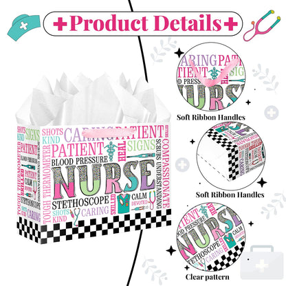 JWSCYSY Nurse Graduation Gift Bag with Card and Tissue Paper, Large Nurse Gift Bag for Nurses Day, Medical School Graduates Healthcare Workers.