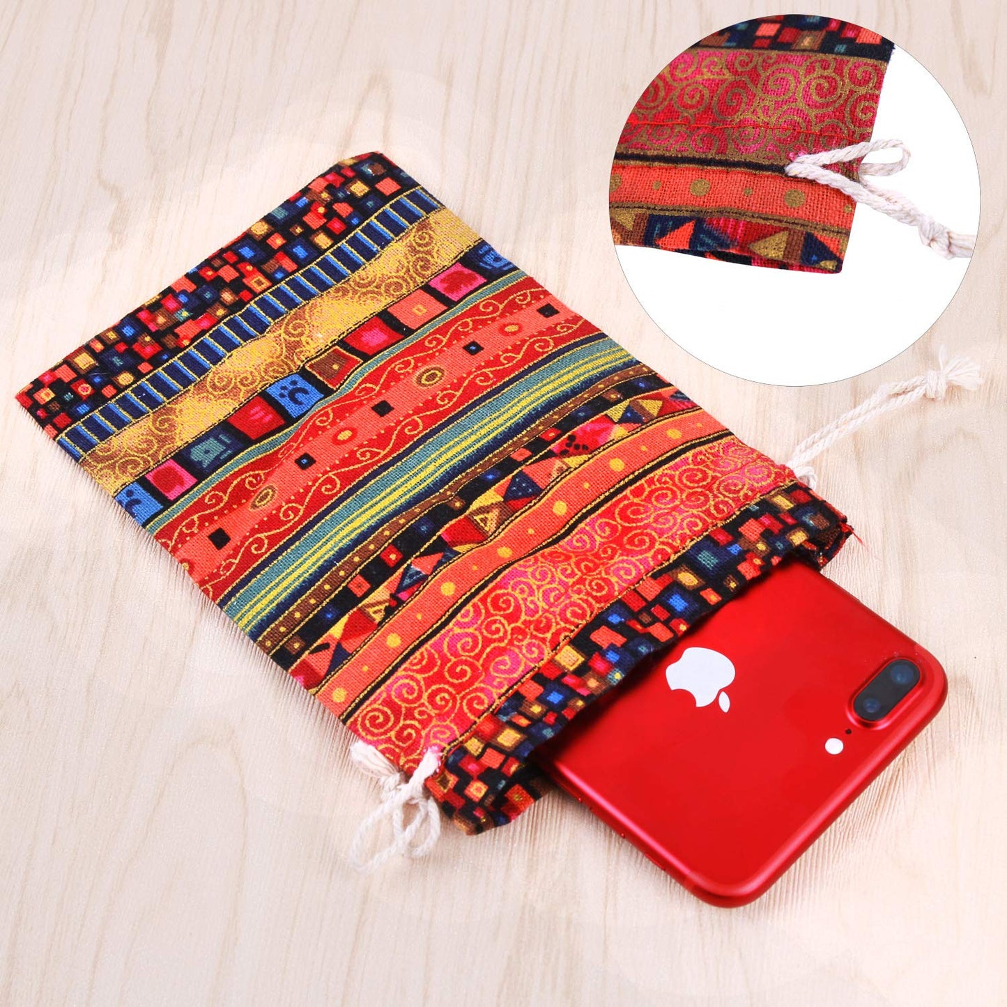 PINOWU Ethnic Style Drawstring Gift Bag 5x7 Cotton Reusable Pouches (12pcs) Jewelry Coin Storage Pouch Eco-Friendly Sachet Bags for Candy Wedding Party Valentine Favors