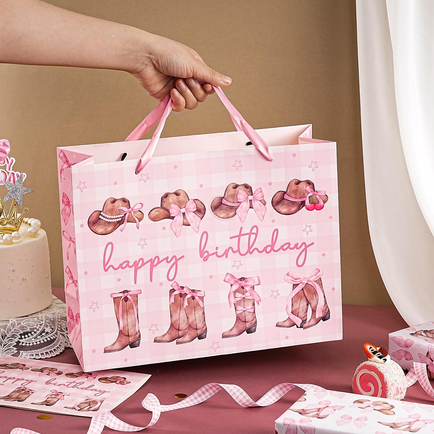WRAPAHOLIC 13" Large Pink Cowgirl Birthday Gift Bag with Card and Tissue Paper - Western Bow Happy Birthday Wrapping Paper Bags for Party Favors Decor Girls Women Supplies