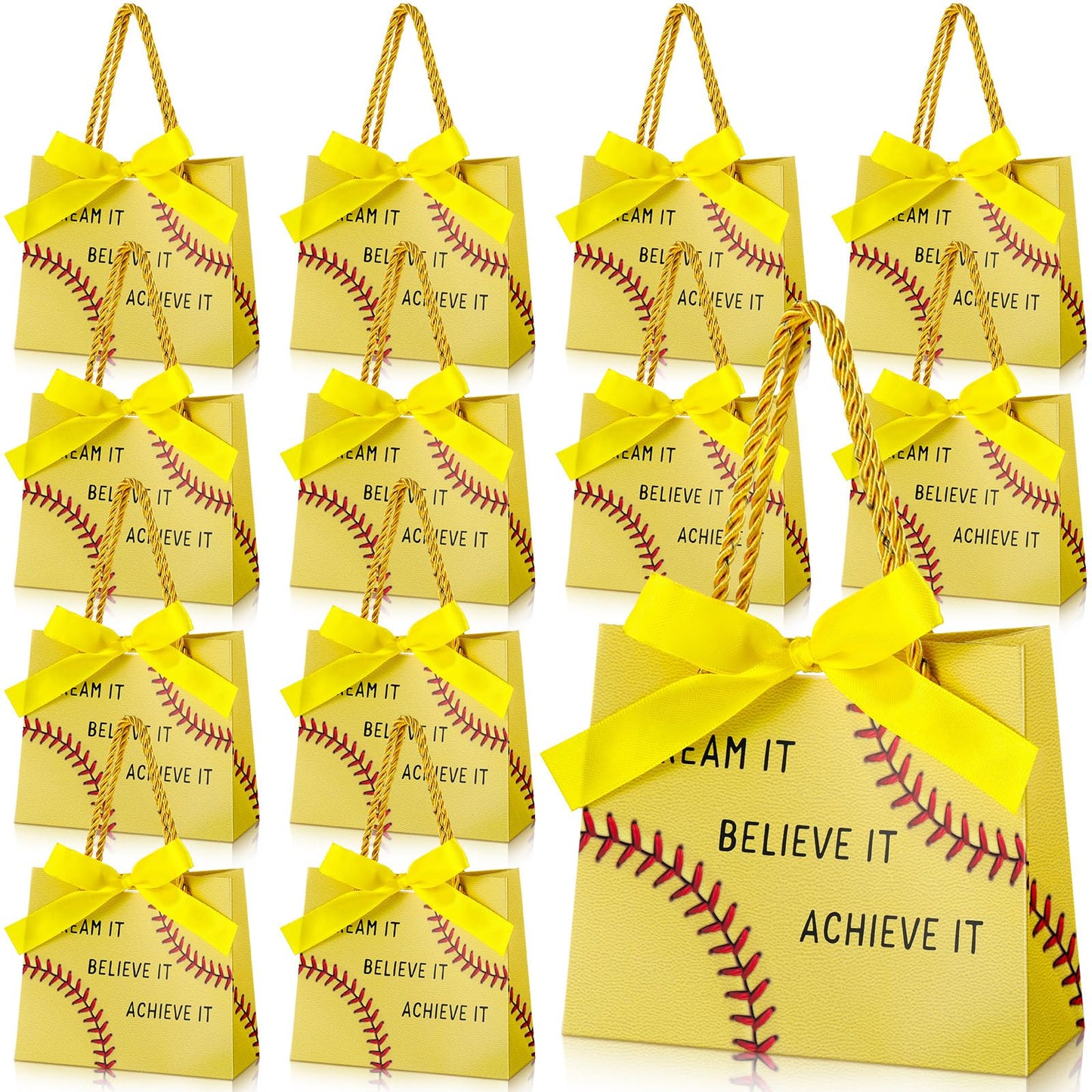 Marspark 20 Pcs Softball Graduation Party Gift Bags with Handle Ribbon Softball Goodie Treat Bags 5.5 x 4.7 x 2.3'' Inspirational Sports Theme Handbags End of Year Gift for Sports Birthday Classroom